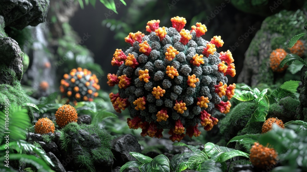 Fototapeta premium Coronavirus particle with vibrant red and orange spikes highlighted in a tropical forest setting, perfect for conceptual posters, educational visuals, and virology campaigns.