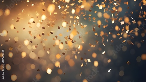 Golden confetti dances in the air, a celebratory atmosphere.