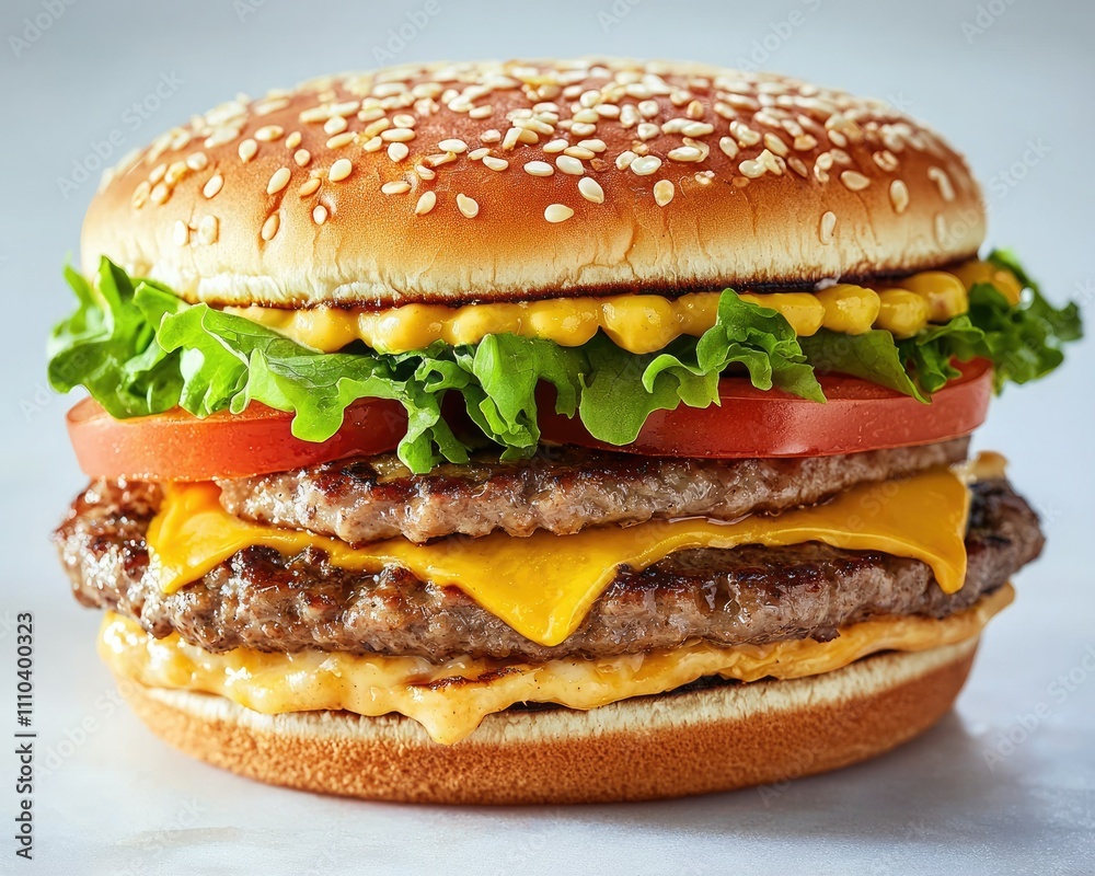 A delicious, stacked hamburger featuring sesame seed bun, lettuce, tomato, cheese, and juicy beef patties, perfect for a satisfying meal. A delicious, stacked hamburger featuring sesame seed bun, lettuce, tomato, cheese, and juicy beef patties, perfect for a satisfying meal.
