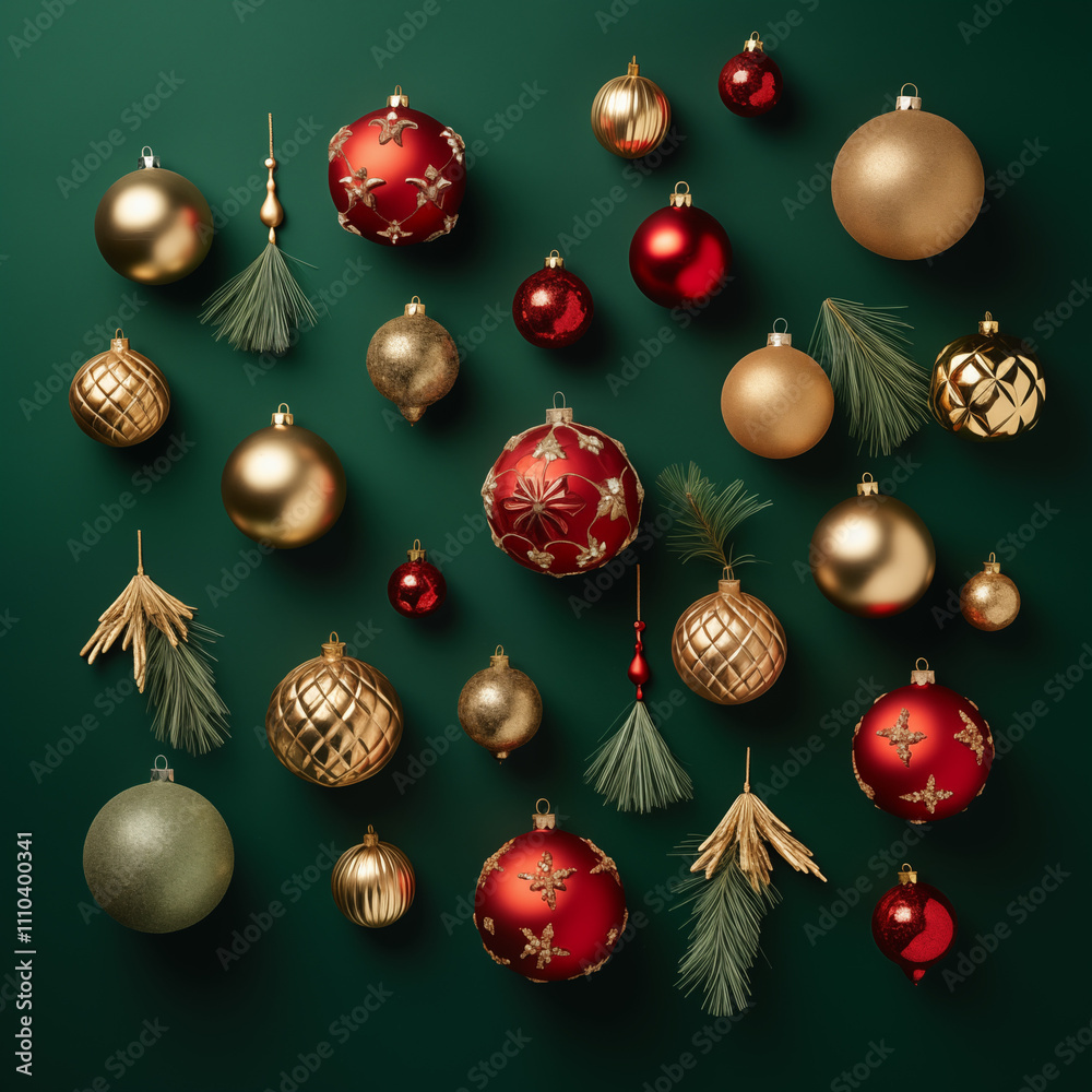 Flat-lay layout Christmas decorations with ornament and baubles. Festive winter background. Space for text. Flat-lay layout Christmas decorations with ornament and baubles. Festive winter background. Space for text.