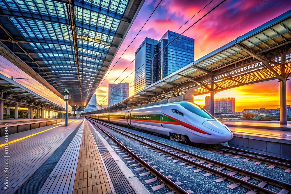 Fototapeta premium Stunning Arrival of a Japanese High-Speed Bullet Train at a Modern Station with Dynamic Architecture and Urban Landscape Captured in Architectural Photography
