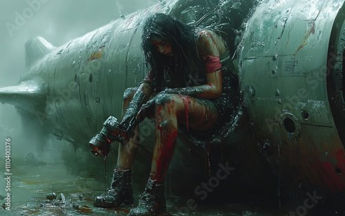 Rugged Female woman Pilot in Oil-Stained Engine with Tool in Hand, Capturing Futuristic Post-Apocalyptic Survival and Industrial Decay Themes photo