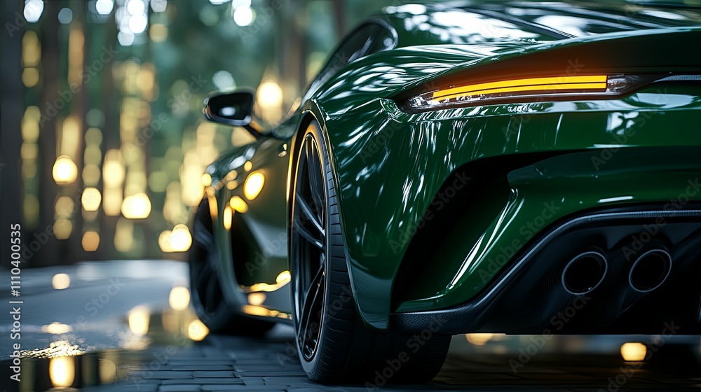 Green Luxury Sports Car Parked Outdoors At Night Green Luxury Sports Car Parked Outdoors At Night