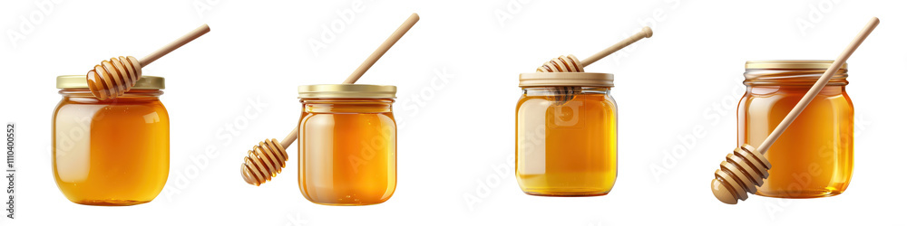 Closeup of a glass jar filled with golden honey and a wooden dipper resting inside placed on a rustic wooden table This natural organic condiment is a versatile ingredient for cooking baking Closeup of a glass jar filled with golden honey and a wooden dipper resting inside placed on a rustic wooden table This natural organic condiment is a versatile ingredient for cooking baking