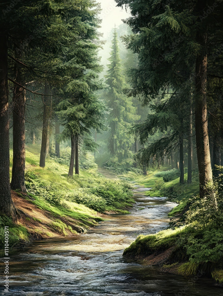 Obraz premium Forest scene with river and many trees illustration