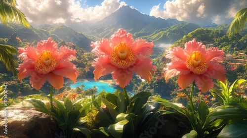 Exotic pink orchids blooming in a lush tropical paradise with mountains and a tranquil lake, perfect for nature-themed posters, travel promotions, and botanical illustrations

