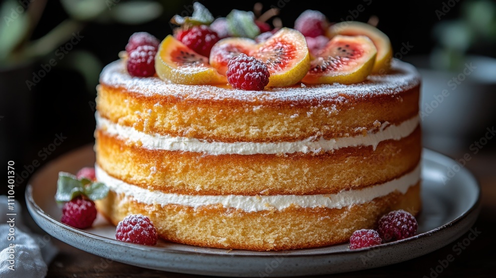 Layered sponge cake topped with cream, figs, and raspberries, ideal for bakery promotions, dessert blogs, and recipe books
Layered sponge cake topped with cream, figs, and raspberries, ideal for bakery promotions, dessert blogs, and recipe books