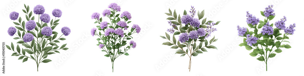 Fototapeta premium Lush blooming purple mistflower bushes in a soft elegant floral background Delicate pastoral scene with lavender flowers leaves and stems in a natural organic setting