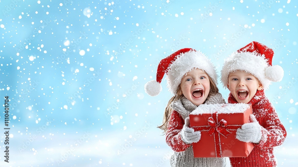 Joyful Children with Christmas Hats Holding Gift Box Surrounded by Snowflakes and Winter Wonderland Background Joyful Children with Christmas Hats Holding Gift Box Surrounded by Snowflakes and Winter Wonderland Background