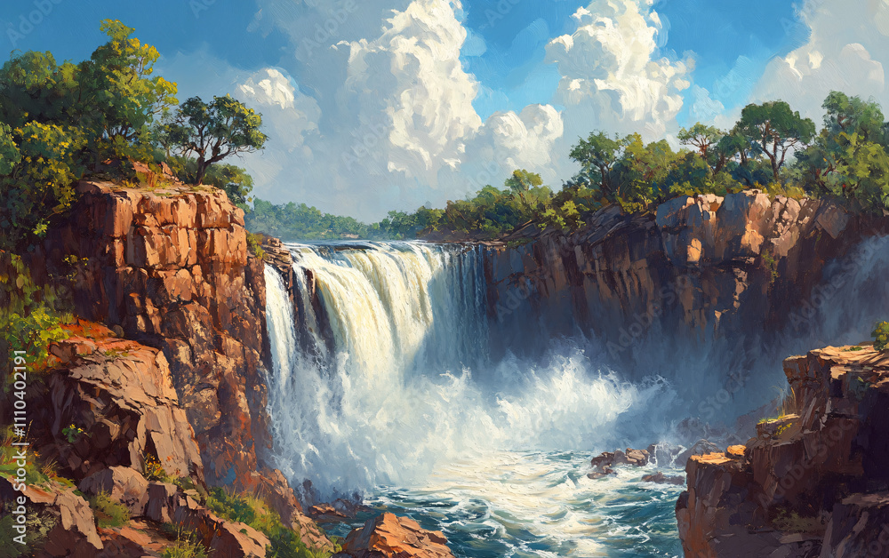 Fototapeta premium Scenic Waterfall Cascading into a Serene Pool, Surrounded by Lush Greenery and Vibrant Natural Landscapes, Highlighting the Tranquility of Nature