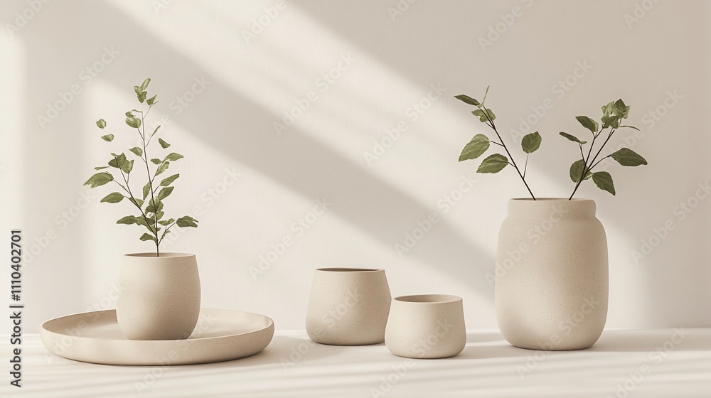 Minimalist home decor plants in neutral pots on a tray. Minimalist home decor plants in neutral pots on a tray.