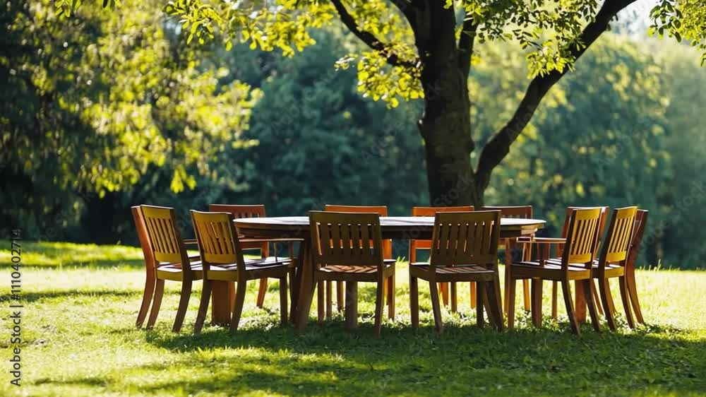 Round wooden table and chairs under a tree in a lush green garden Round wooden table and chairs under a tree in a lush green garden