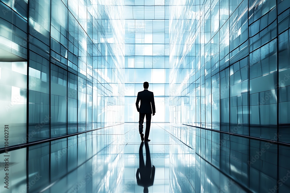Fototapeta premium Businessman walking in modern glass corridor. Concept of leadership, vision, and future.
