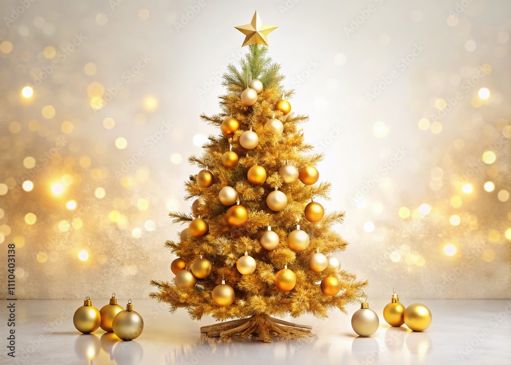 Obraz premium Stunning Gold Christmas Tree on a Crisp White Background Perfect for Holiday Decor and Festive Celebrations, Capturing the Essence of Luxury and Elegance in Christmas Themes