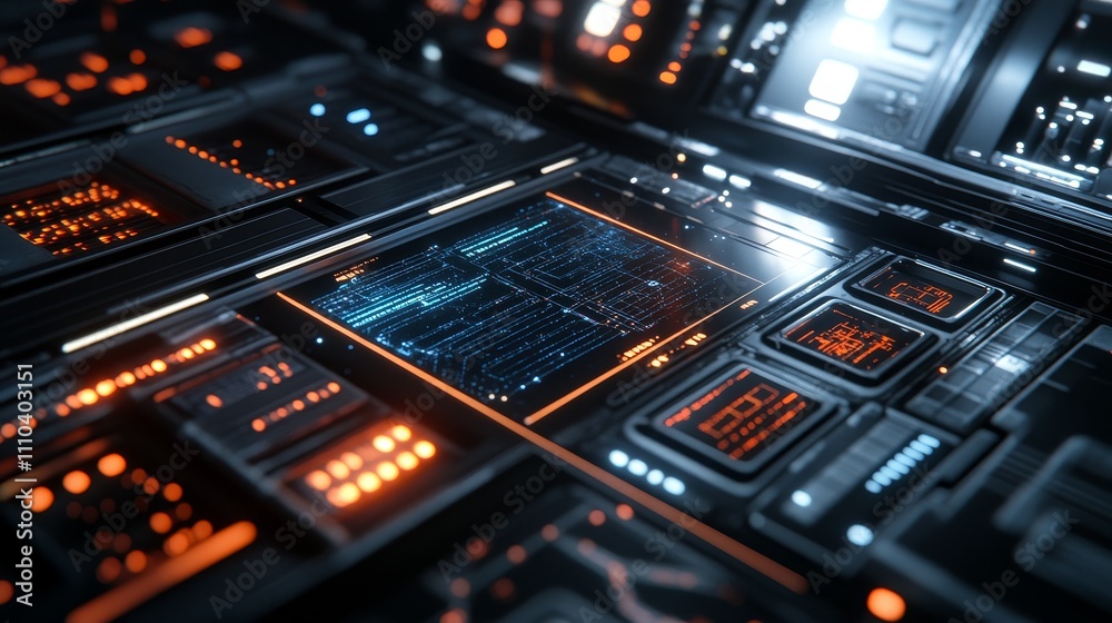 A futuristic control panel with glowing interfaces and intricate circuitry. A futuristic control panel with glowing interfaces and intricate circuitry.