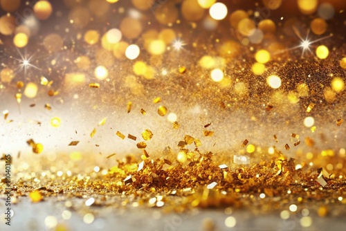 Stunning Gold Confetti Burst on White Background for Celebrations, Realistic Defocused Particles for Anniversary and Festive Events, Bright Glittering Elements to Enhance Any Occasion