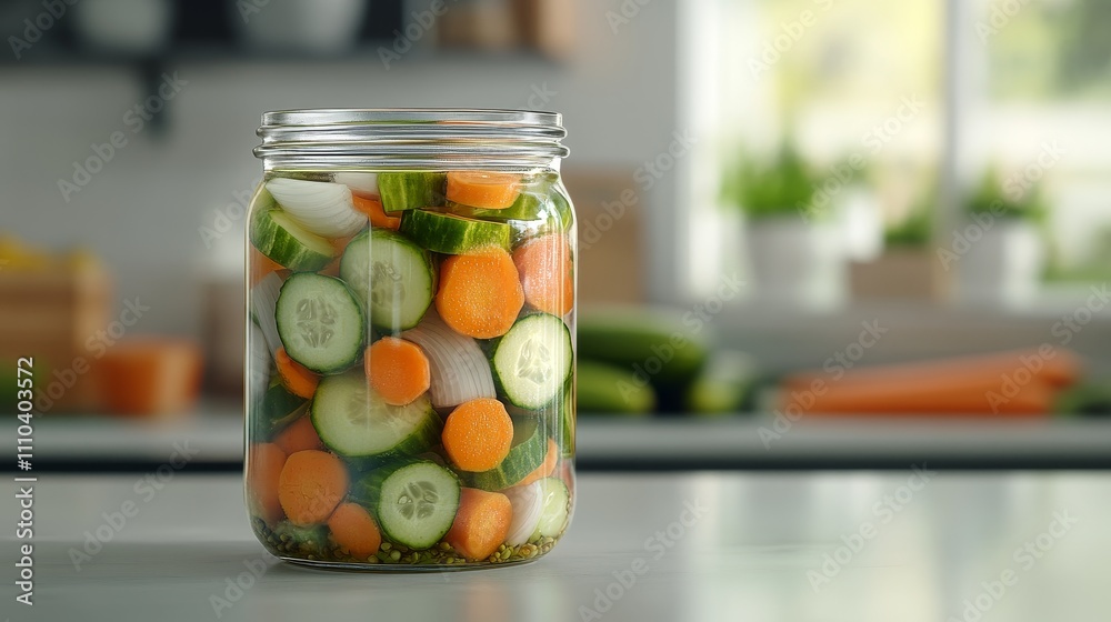 A jar filled with colorful pickled vegetable, vegan, showcasing freshness and preservation. A jar filled with colorful pickled vegetable, vegan, showcasing freshness and preservation.