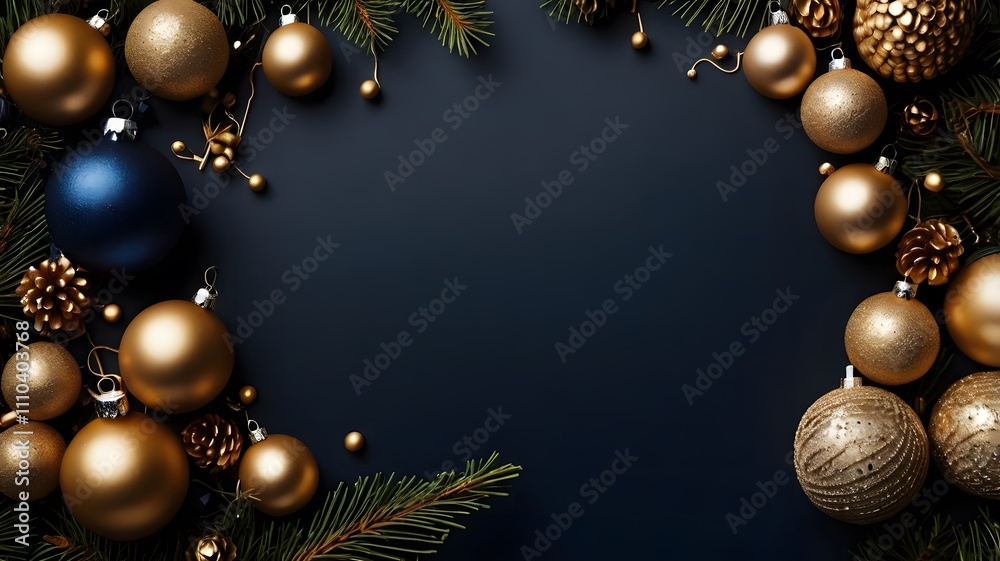 Christmas card. Frame borders made of gold balls, decorations, fir branches on dark blue background. Luxury style. Christmas card. Frame borders made of gold balls, decorations, fir branches on dark blue background. Luxury style.