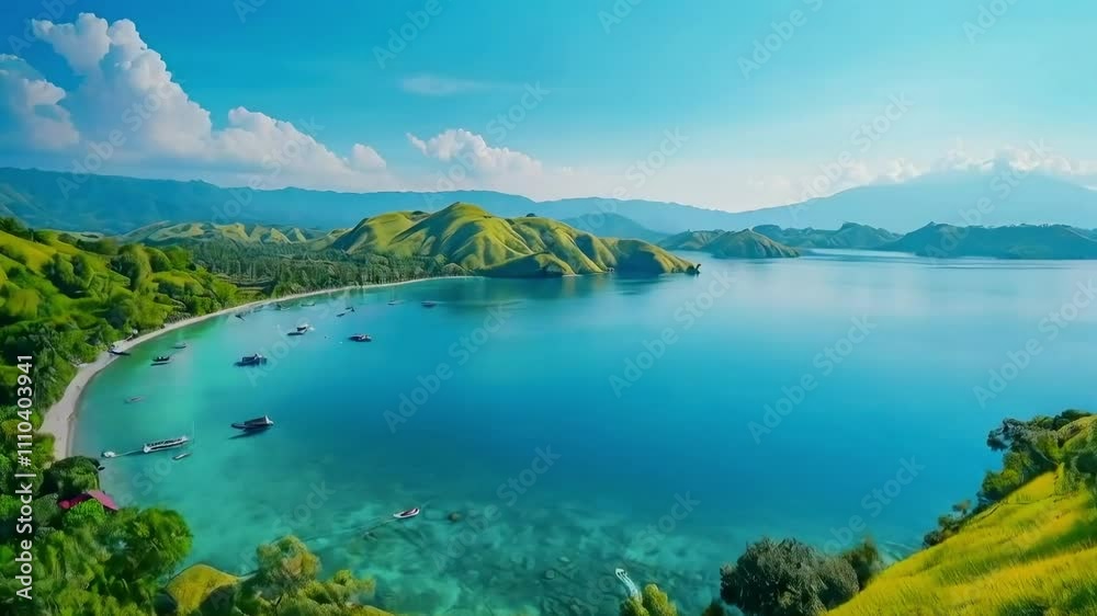 Stunning Panoramic View of a Tropical Bay with Boats and Lush Green Hills under a Bright Sunny Sky Stunning Panoramic View of a Tropical Bay with Boats and Lush Green Hills under a Bright Sunny Sky