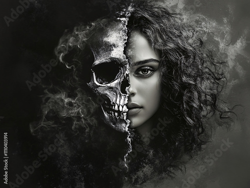 Haunting Artistic Portrait of a Woman with Skeletal Facial Features, Blending Surrealism and Gothic Aesthetic in Black-and-White Tones photo