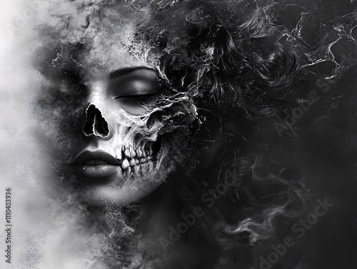 Haunting Artistic Portrait of a Woman with Skeletal Facial Features, Blending Surrealism and Gothic Aesthetic in Black-and-White Tones photo