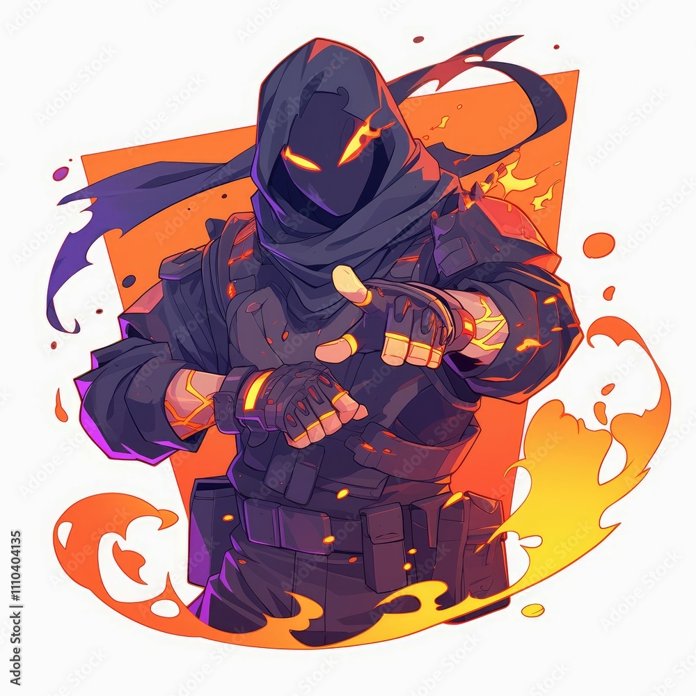 Hooded figure in dark attire, pointing, amidst flames. Hooded figure in dark attire, pointing, amidst flames.