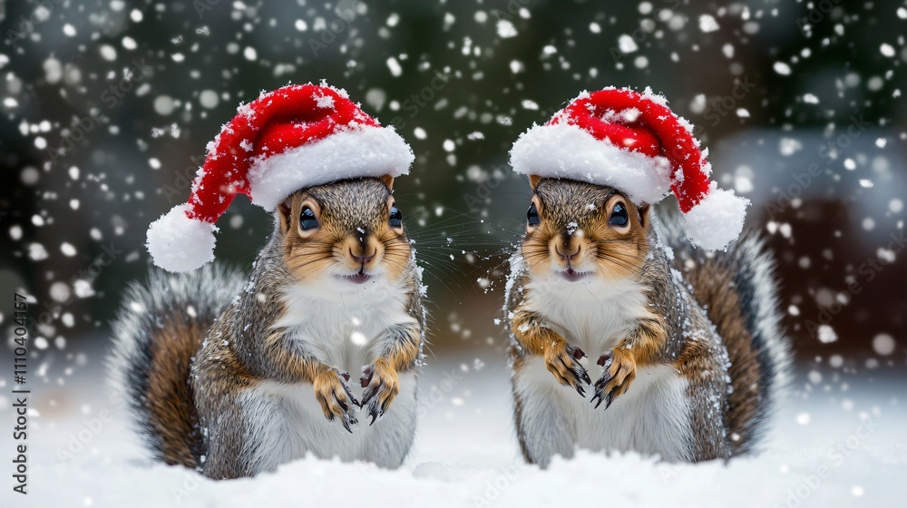 Two adorable squirrels in Santa hats, sitting in the snow during a snowfall. Two adorable squirrels in Santa hats, sitting in the snow during a snowfall.