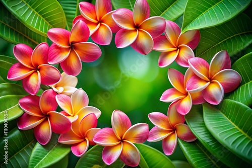 Stunning Macro Photography of Plumeria Flower Surrounded by Lush Green Leaves in a Rounded Frame with Blank Center Space for Nature Backgrounds and Designs