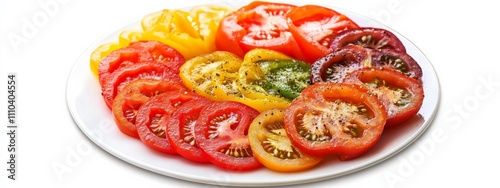 A plate of colorful heirloom tomatoes sliced, isolated white background, impressionism art style