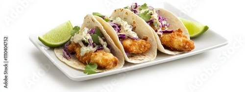 A plate of crispy fish tacos with cabbage slaw and lime wedges, isolated white background, minimalistic art style