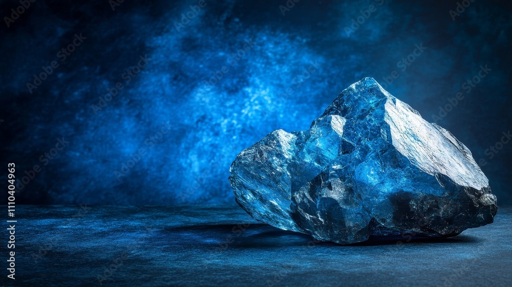 A large blue crystal rests on a textured surface, illuminated by a soft blue light. A large blue crystal rests on a textured surface, illuminated by a soft blue light.