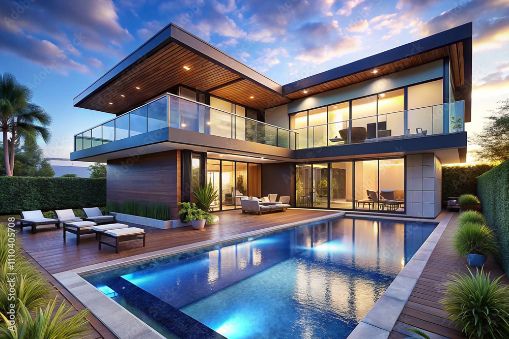 Modern luxury home with pool and patio at dusk.
