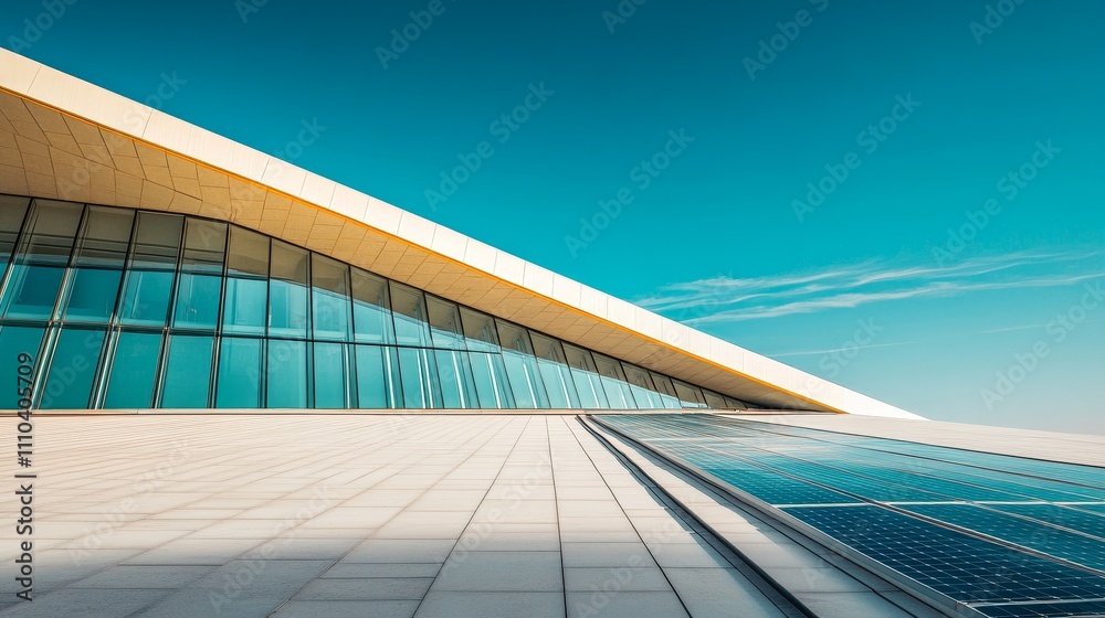 Fototapeta premium A modern building with a sleek design and solar panels under a clear blue sky.