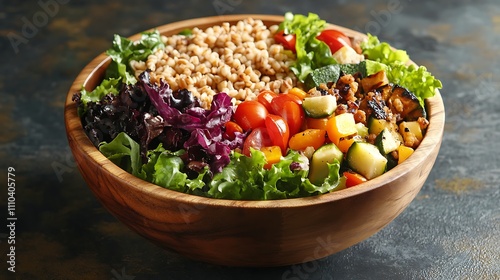 A wooden bowl filled with a colorful mix of whole grains, roasted vegetables, and leafy greens, creating a balanced plant-based meal  photo