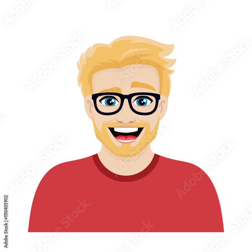 Portrait of a happy blond man with a beard and glasses vector illustration. Smiling blonde bearded man icon on a white background. Cheerful handsome caucasian young guy with blond hair cartoon style