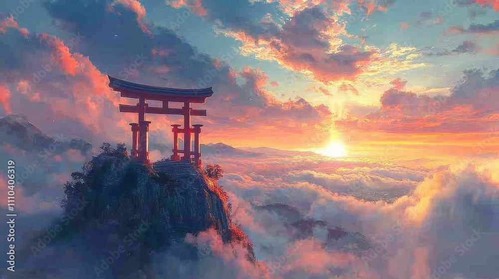 A classic red Torii gate on a mountaintop, with layers of colorful clouds and a distant rainbow A classic red Torii gate on a mountaintop, with layers of colorful clouds and a distant rainbow