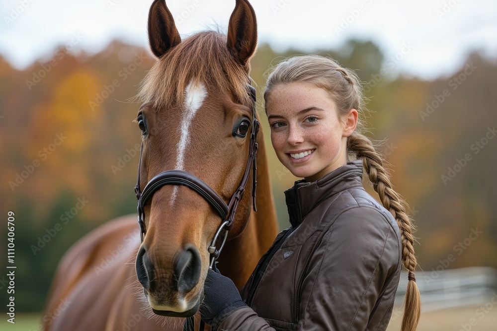 Fototapeta premium Equestrian smiling and posing with horse in autumn landscape