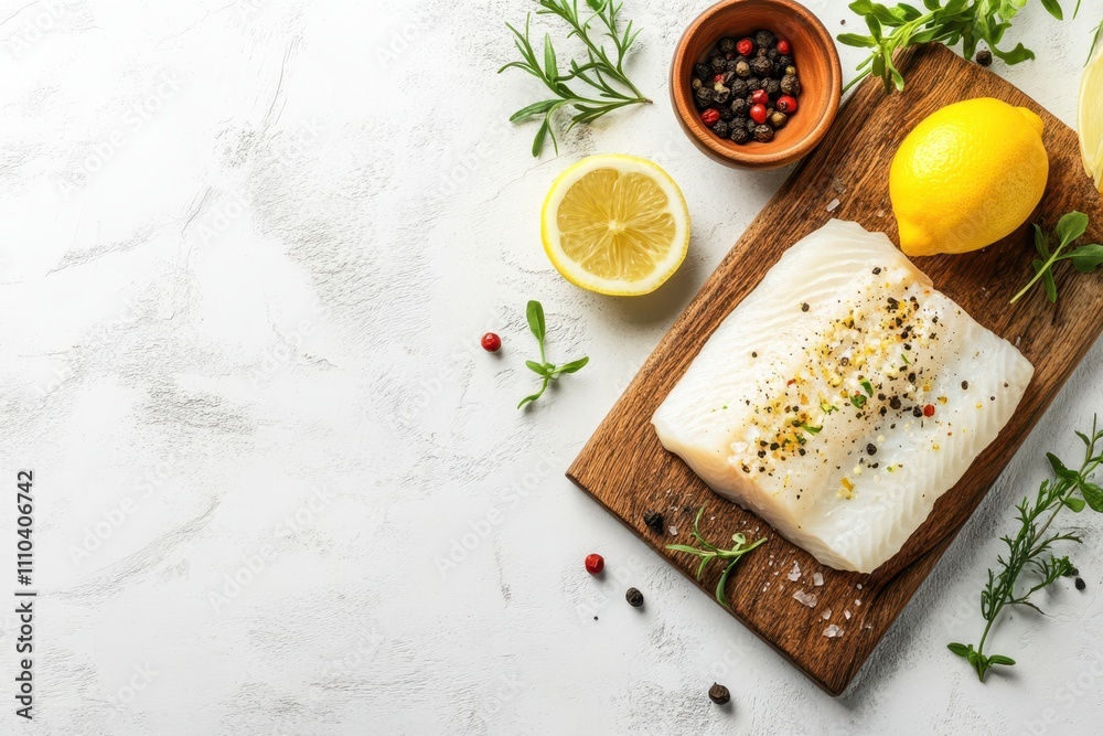 Fresh Fish Fillets on White Countertop with Herbs Fresh Fish Fillets on White Countertop with Herbs