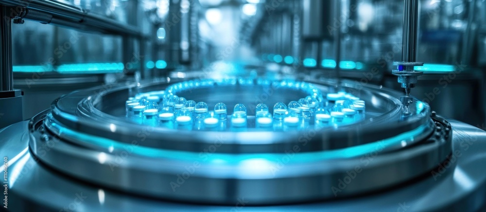 Automated pharmaceutical production line with vials on a rotating carousel. Automated pharmaceutical production line with vials on a rotating carousel.