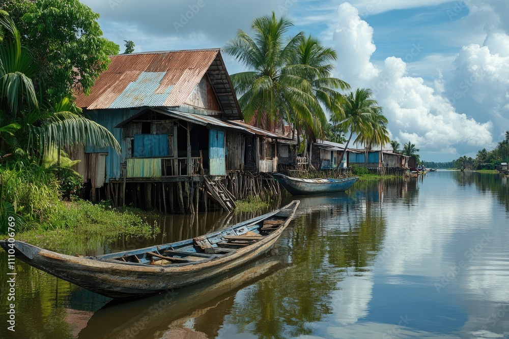 Wooden boats floating on river by stilt houses in tropical village Wooden boats floating on river by stilt houses in tropical village