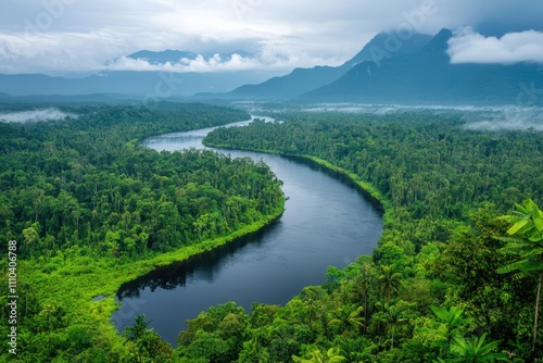 Lush rainforest river winding through green trees and mountains