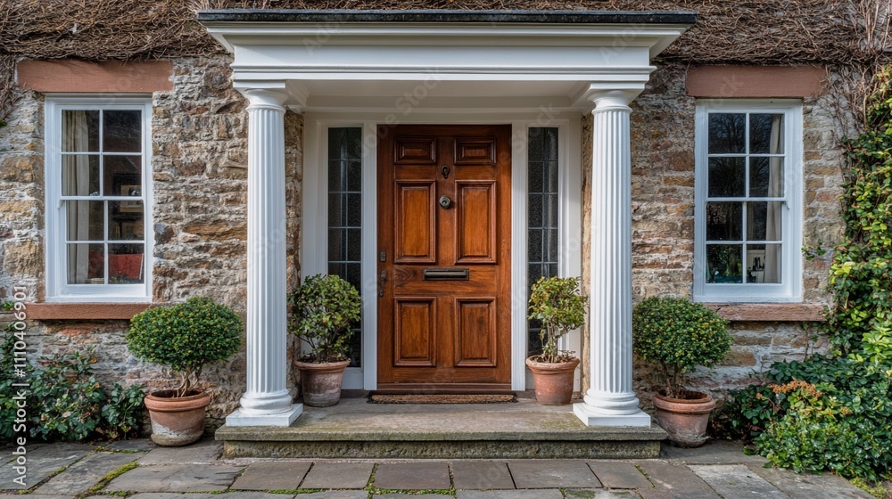 Main entrance door in house. Wooden front door with gabled porch and landing. Exterior of georgian style home cottage with white columns and stone cladding.
Main entrance door in house. Wooden front door with gabled porch and landing. Exterior of georgian style home cottage with white columns and stone cladding.