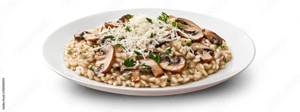 A plate of savory mushroom risotto with Parmesan cheese, isolated white background, abstract art style A plate of savory mushroom risotto with Parmesan cheese, isolated white background, abstract art style
