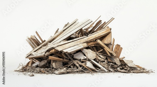 A collapsed structure with broken materials and debris, cleanly photographed on a bright white background