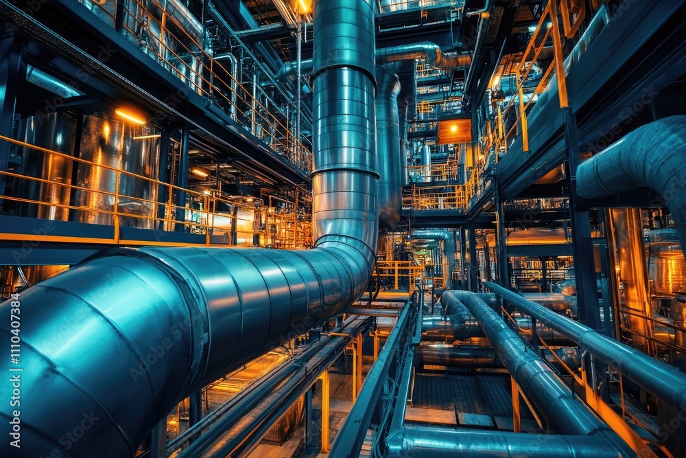 Industrial pipes and tanks dominating complex petrochemical plant interior Industrial pipes and tanks dominating complex petrochemical plant interior