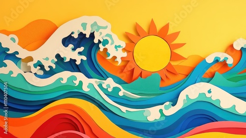 A colorful paper cut wave, swirling under a bold yellow sun, evoking The Great Wave iconic style