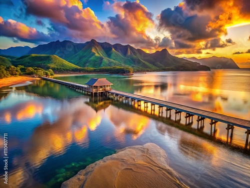 Stunning Views of Hanalei Pier and Blackpot Beach at Sunset, Kauai, Hawaii – A Breathtaking Landscape of Golden Sands and Majestic Mountains photo