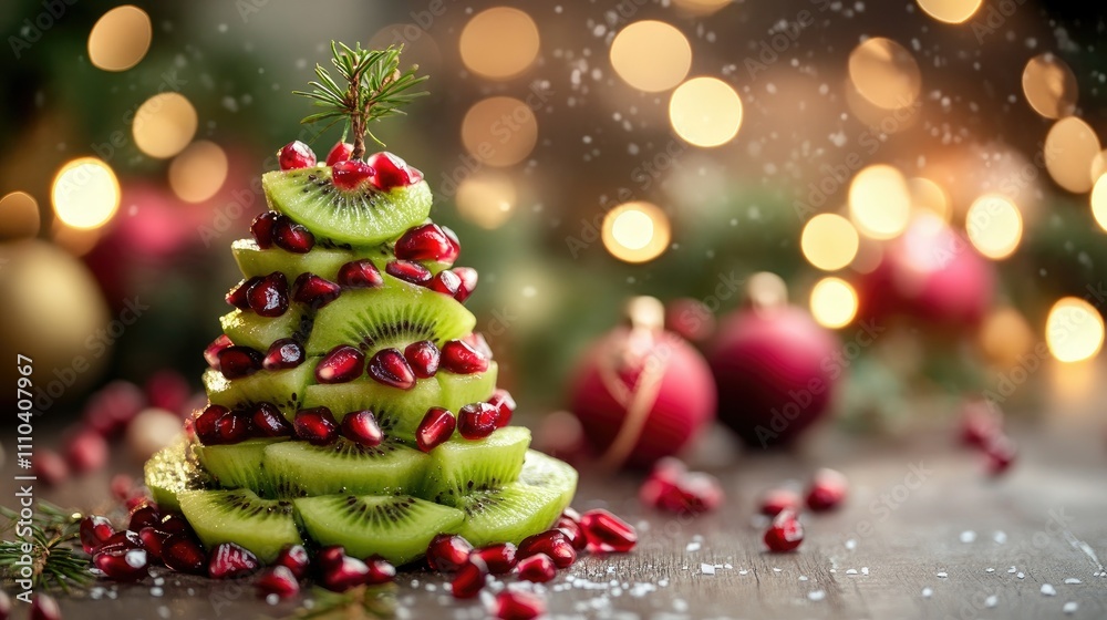 A creative Christmas tree made of sliced kiwi and pomegranate seeds, glowing with festive lights in the background A creative Christmas tree made of sliced kiwi and pomegranate seeds, glowing with festive lights in the background