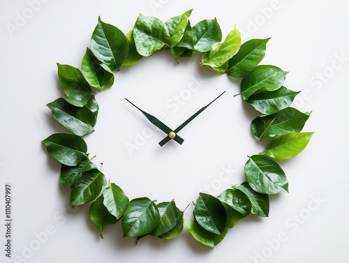 A minimalist clock face made of natural leaves on a pure white surface.