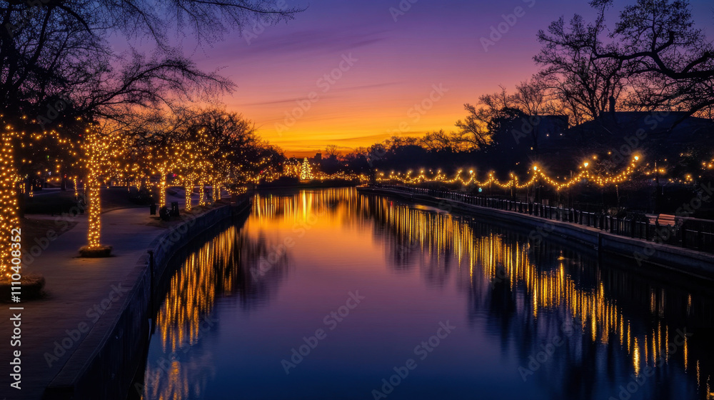 Obraz premium Cityscapes and reflections on the water at dusk during the Christmas and New Year festivals.